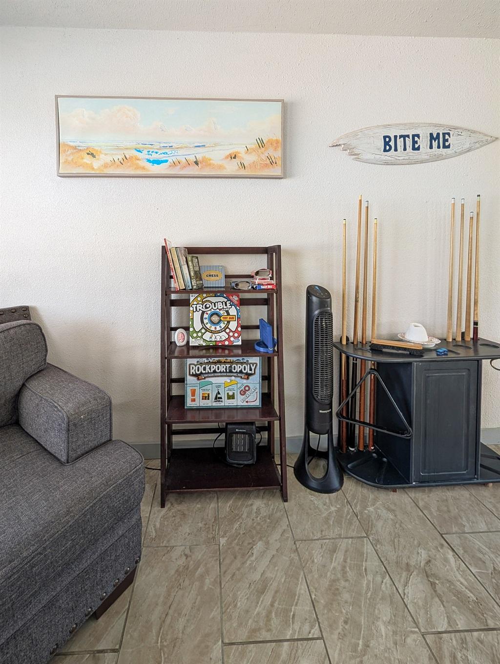 pool cues, couch, shelf with games