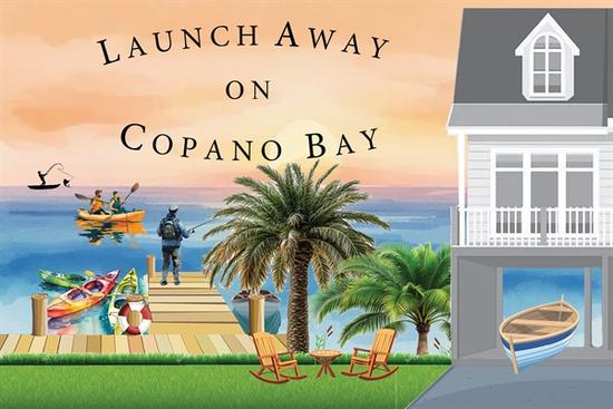 Illustration of a coastal home on Copano Bay with a private pier, kayakers, fishing, and palm trees overlooking calm bay waters at sunset.