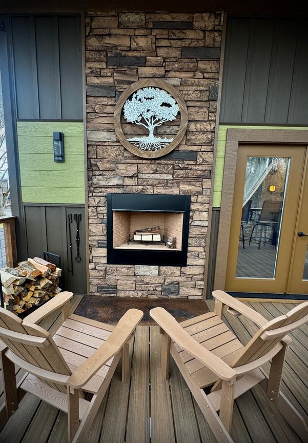 ENJOY THE WOOD BURNING FIREPLACE AND TWO ADIRONDACK CHAIRS ON THE UPPER DECK - BAR TOP SEATING FOR FOUR - GAS WEBER GRILL - COMPLIMENTARY UNLIMITED FIREWOOD