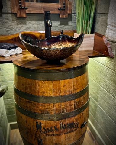 CUSTOM JACK DANIEL'S WHISKEY BARREL VANITY SINK - MAKE UP MIRROR - HAIR DRYER - LUXURY LINENS, MAKE UP TOWEL, & TOILETRIES PROVIDED