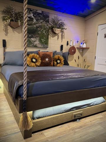 ROPE SUSPENDED KING BED - SECRET ROLL OUT QUEEN BED - LUXURY LINENS PROVIDED