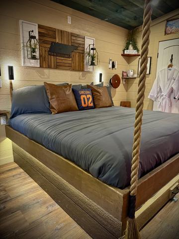 ROPE SUSPENDED KING BED - SECRET ROLL OUT QUEEN BED UNDERNEATH - LUXURY LINENS PROVIDED