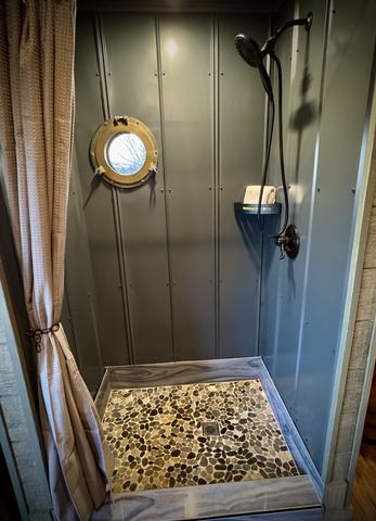 RAIN SHOWER - CUSTOM TILE FLOOR - PORT HOLE WINDOW - LUXURY LINENS & TOILETRIES PROVIDED