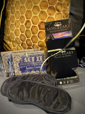 COMPLIMENTARY SNACKS, BOTTLED WATER, STOCKED COFFEE CADDY, SLEEPING MASKS AND MORE SURPRISES AWAIT YOU AT HONEY HONEY TREEHOUSE