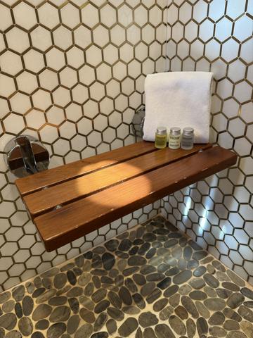 TEAK SHOWER SEAT - CUSTOM TILE SHOWER - LUXURY LINENS & TOILETRIES PROVIDED