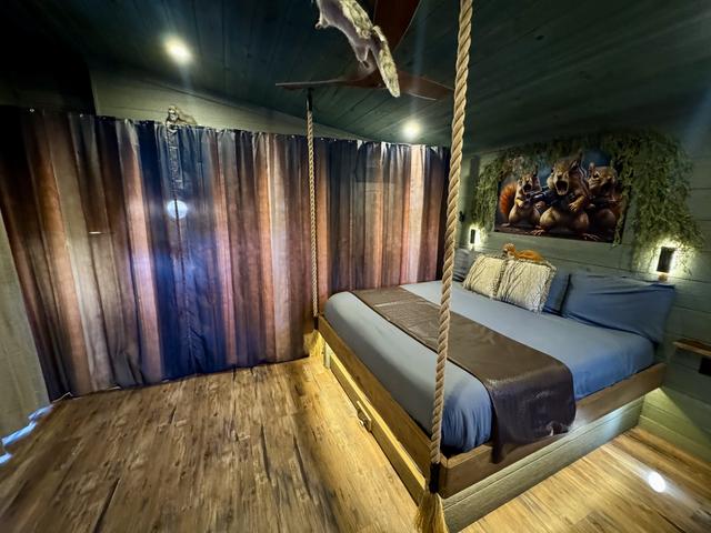 FOR PRIVACY, WE HAVE ADDED A ROOM DIVIDER CURTAIN TO CLOSE OFF THE BATHROOM AREA