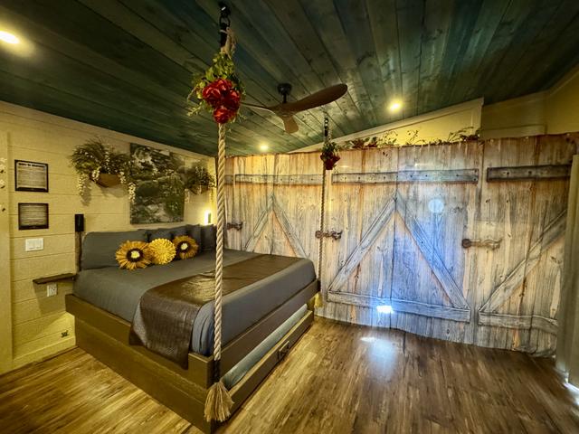 FOR PRIVACY, WE HAVE ADDED A ROOM DIVIDER CURTAIN TO SECTION OFF THE BATHROOM AREA