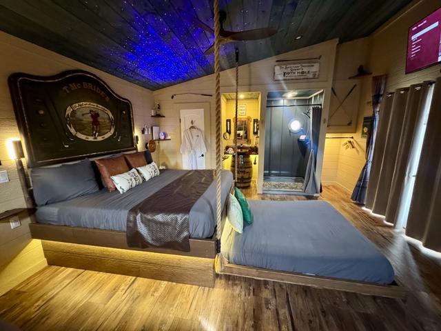 CRANK THE WHEEL TO REVEAL A SECRET QUEEN BED - LUXURY LINENS PROVIDED - STAR LIGHT PROJECTOR FOR A GOOD NIGHTS REST UNDER THE STARS! 