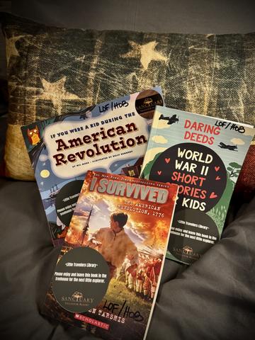 CHILDRENS BOOKS ARE PROVIDED - WE ALSO HAVE A LITTLE READERS LIBRARY LOCATED ACROSS FROM AIR FORT ONE TREEHOUSE - BORROW A BOOK - LEAVE A BOOK