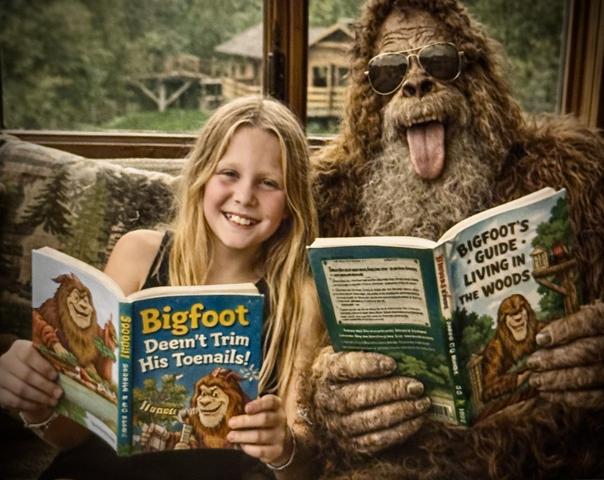 BIG FOOT LOVES OUR LITTLE READERS LIBRARY LOCATED ON PROPERTY - LEAVE A BOOK - TAKE A BOOK - HERE IS READING BOOKS ABOUT HIM WITH THE OWNERS DAUGHTER