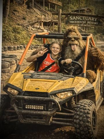 BIG FOOT LOVES TO RACE KARTS WITH THE OWNERS DAUGHTER. SHOW OFF. 