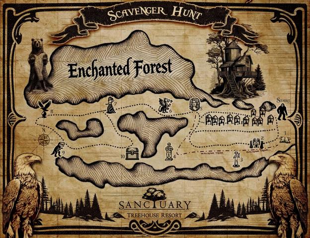 1-MILE INTERACTIVE SCAVENGER HUNT MAP AT SANCTUARY TREEHOUSE RESORT - WILL YOU FIND THE MYSTERY CREATURE AND THE TREASURE BOX TO CLAIM YOUR PRIZE? 