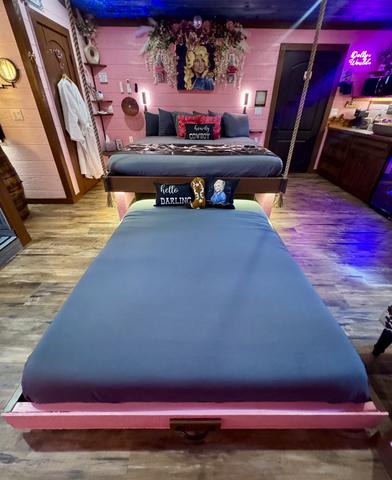 SIMPLY CRANK THE WHEEL ON THE WALL AND REVEAL A COMFORTABLE QUEEN BED - LUXURY LINENS PROVIDED