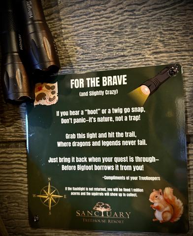 WE PROVIDE THE MAP, COMPASSES, AND FLASHLIGHTS - YOU GO ON THE 1-MILE INTERACTIVE ADVENTURE TO FIND HIDDEN CREATURES! FIND THE MYSTERY CREATURE AT THE END AND CLAIM YOUR PRIZE FROM THE TREASURE BOX - INCLUDED WITH EVERY STAY