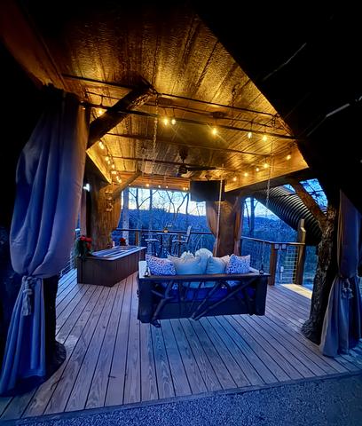 LOWER DECK - SOAKING TUB - OUTDOOR SWINGING DAY BED - PRIVACY CURTAINS - BISTRO LIGHTS - 50" TV - ESCAPE HATCH - SECRET LADDER - 20-FOOT SLIDE ACCESS - DRINK CHUTE AND MORE