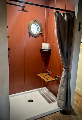 CUSTOM BAMBOO RAIN SHOWER - PORT HOLE WINDOW - TEAK SHOWER SEAT - TOILETRIES AND LUXURY LINENS PROVIDED