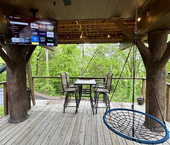 LOWER DECK - SWINGS - 50" TV - ESCAPE HATCH - SECRET LADDER - 20-FOOT SLIDE ACCESS - DRINK CHUTE - BISTRO LIGHTING - OUTDOOR FAN - WOODED VIEW