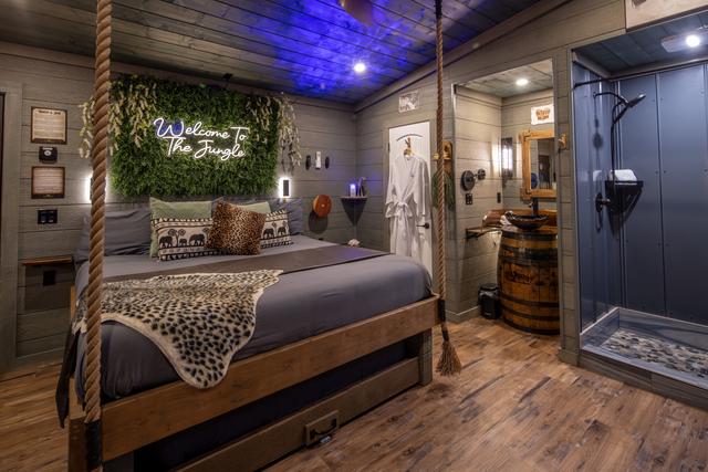 ROPE SUSPENDED KING BED - SECRET ROLL OUT QUEEN UNDERNEATH - STAR PROJECTOR