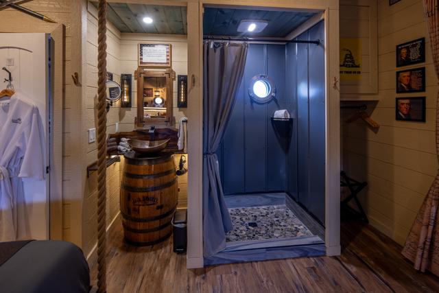 JACK DANIEL'S CUSTOM MADE IN HOUSE WHISKEY BARREL VANITY SINKS - MAGNIFYING MIRRORS - MAKE UP TOWELS - HAIR DRYER - AMBIENT LIGHTING AND MORE