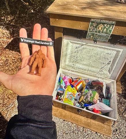 FIND THE MYSTERY CREATURE AT THE END OF THE SCAVENGER HUNT TRAIL AND CLAIM YOUR PRIZE FROM THE TREASURE BOX