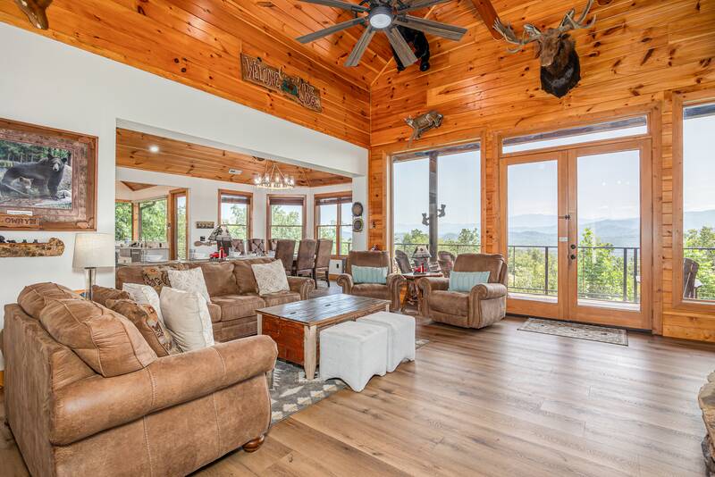 Spacious living room area with views of the SMoky Mountains. at Five Bears Mountain View Lodge in Gatlinburg TN