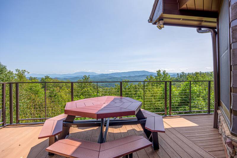 Smoky Mountain views surround your picnic table.  at Five Bears Mountain View Lodge in Gatlinburg TN