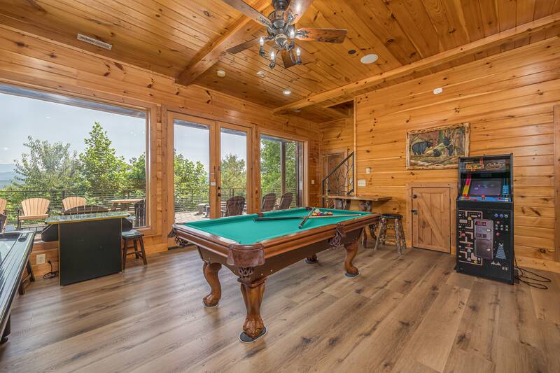 Cabin rental with a full size pool table. at Five Bears Mountain View Lodge in Gatlinburg TN