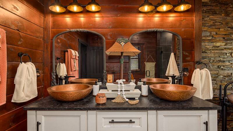 Vacation cabin rental with double sinks. at Stonehenge Cabin in Gatlinburg TN
