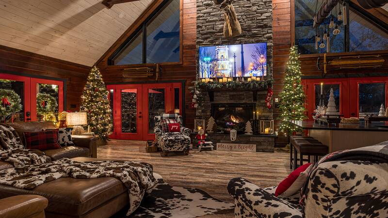 Christmas decor fills your Smokies cabin rental. at Stonehenge Cabin in Gatlinburg TN