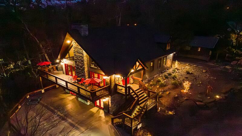The lighted beauty of your Smokies cabin is so inviting. at Stonehenge Cabin in Gatlinburg TN