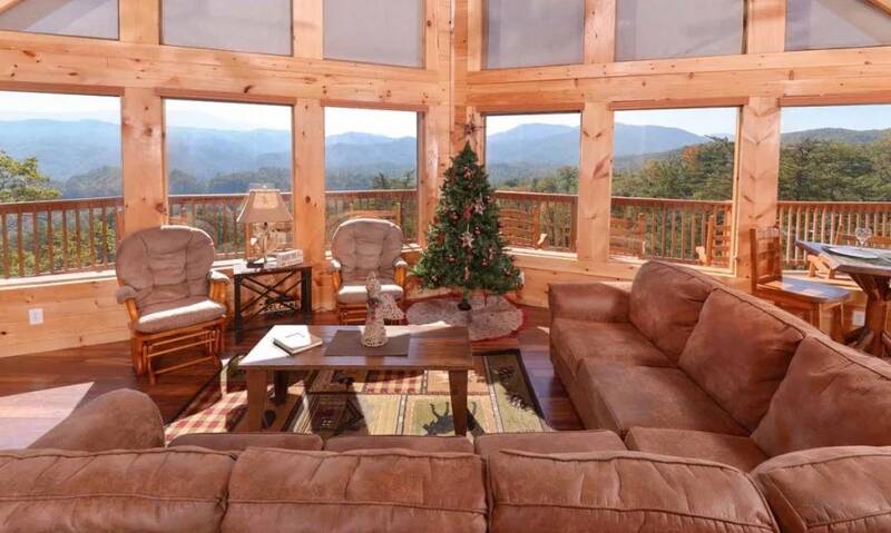 Large spacious rental cabin's living room with mountain views.. at Mother's Dream in Gatlinburg TN
