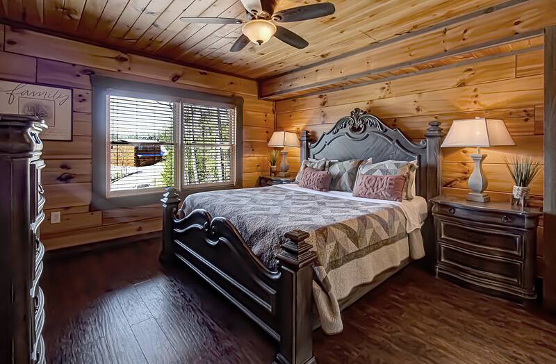 Smoky Mountains cabin rental king sized bed. at A Point of View in Gatlinburg TN