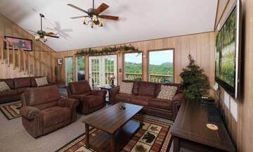 Chalet living room with Smoky Mountain views.