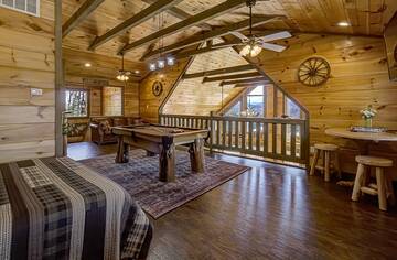 Rental cabin loft in the Smokies with mountain views.