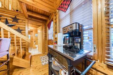 Coffee station in your Smokies 1BR cabin rental. at Moose Lodge in Gatlinburg TN